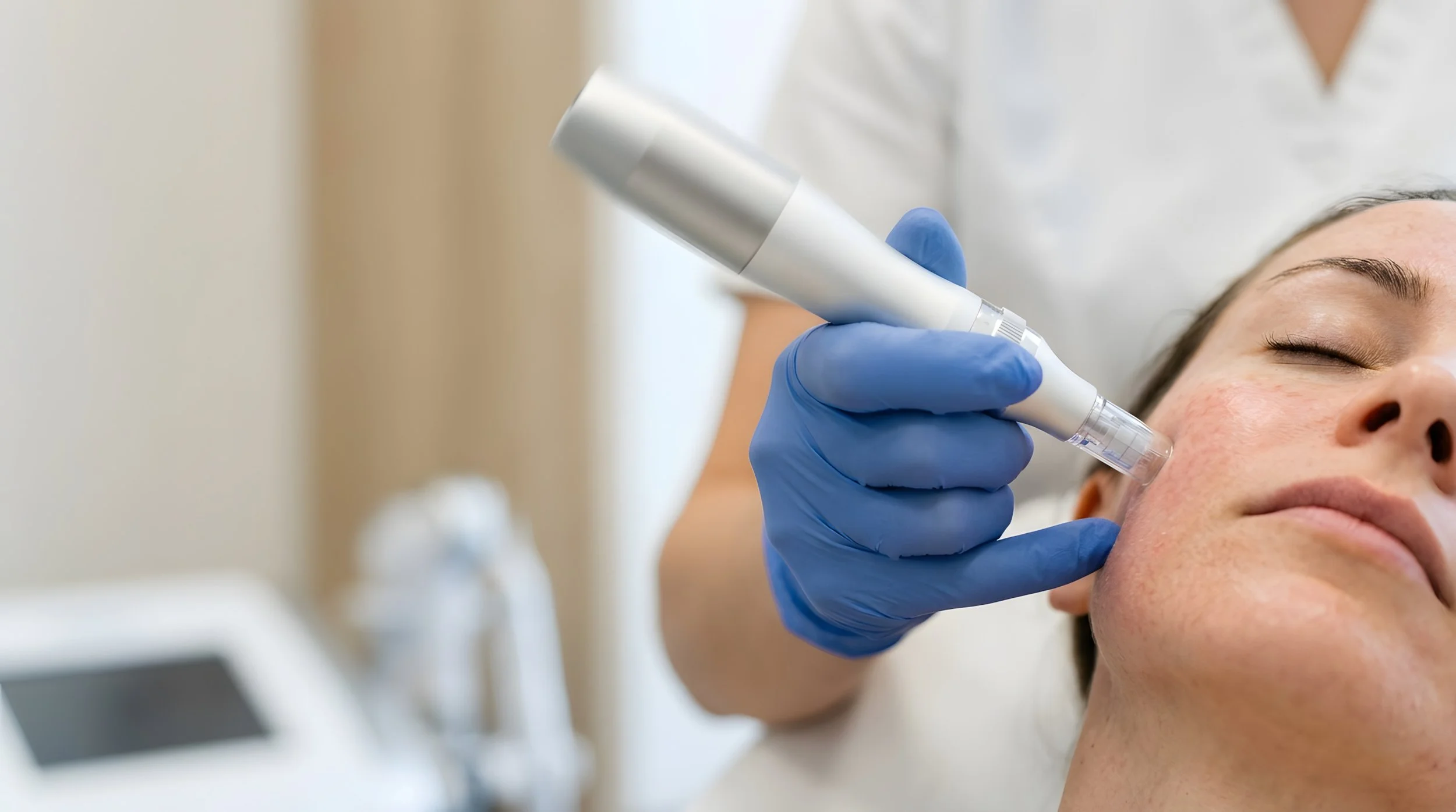 A medical professional in blue gloves administers a facial treatment or injection to a woman's cheek using a small handheld device in a clinical setting.