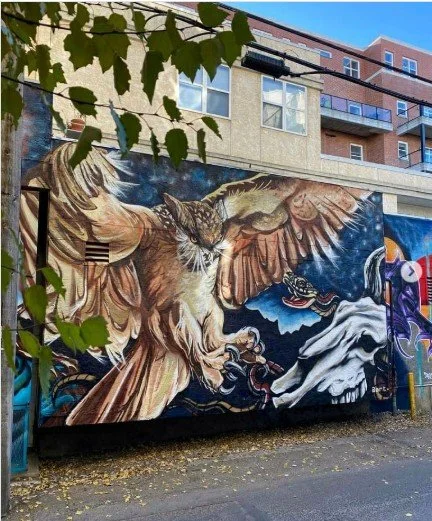 Colorful mural of a winged cat with outstretched wings, surrounded by abstract shapes and designs on an urban building wall.