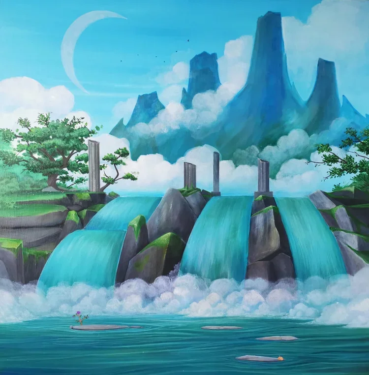An animated landscape of a river with waterfalls, green trees, misty mountains in the background, and a crescent moon in a blue sky.