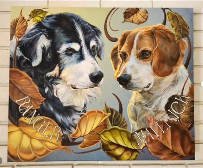 Painting of two dogs surrounded by autumn leaves. The dog on the left is a black and white husky with blue eyes, and the dog on the right is a tan and white beagle with brown eyes. The words "BUNGEE" and "WATERBUCK" are written across the bottom.
