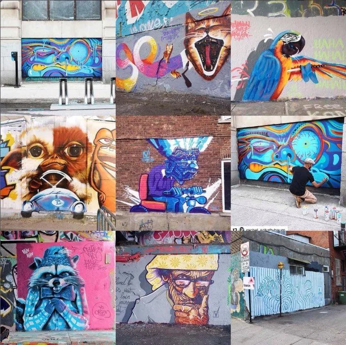 Collage of nine murals featuring various animal and human characters in street art style. Art, street art, painter, mural, graffiti, spray paint, oil paint, montreal, commission, Futurism, retro Futurism, cyber punk, punk, blockchain,block chain, NTF