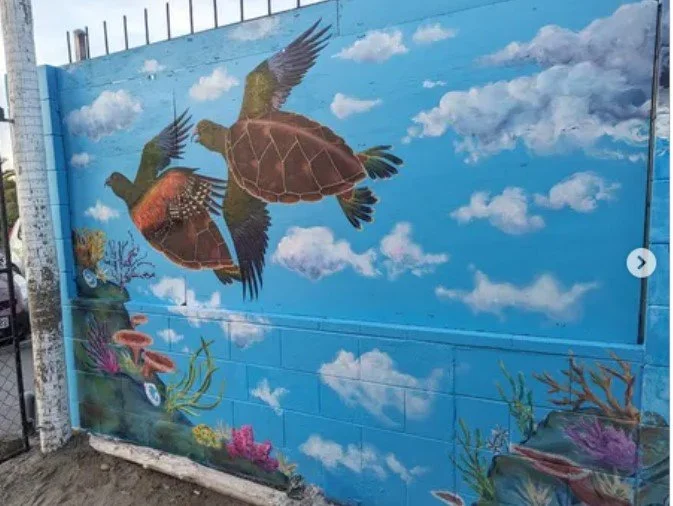 Colorful mural of two sea turtles swimming in the sky with clouds, decorated with coral and sea life at the bottom.
