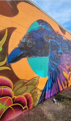 Colorful mural of a blue and black bird on an orange brick wall, surrounded by abstract shapes and vibrant colors.
