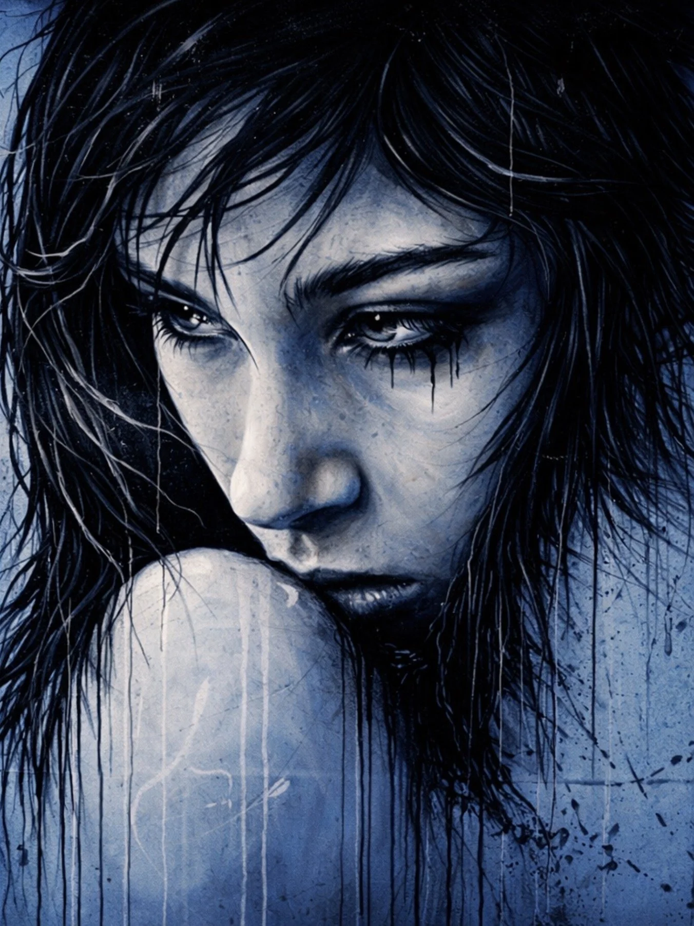 A close-up artistic portrait of a woman with dark, wet hair and expressive eyes, rendered in shades of blue and black.