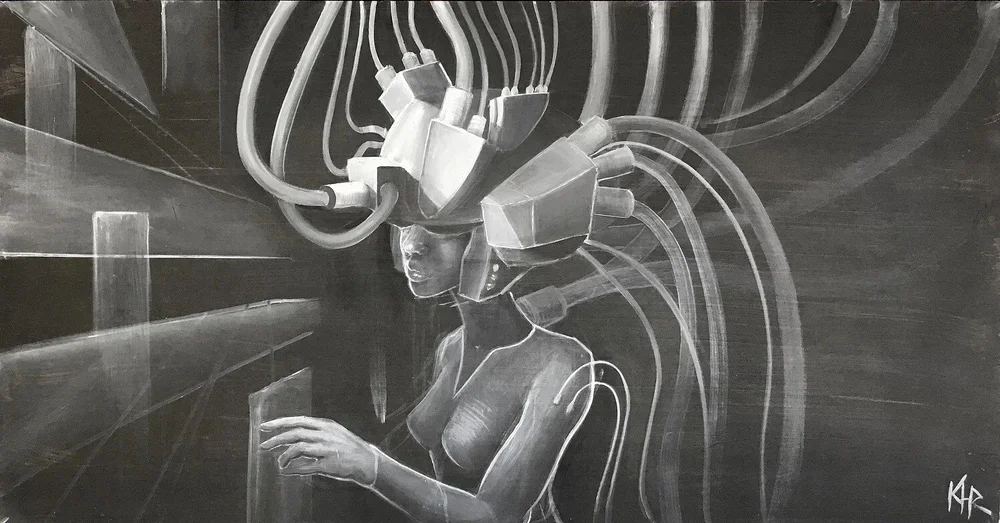 A chalk drawing of a woman with a virtual reality headset and wires connected to her head, using a digital device