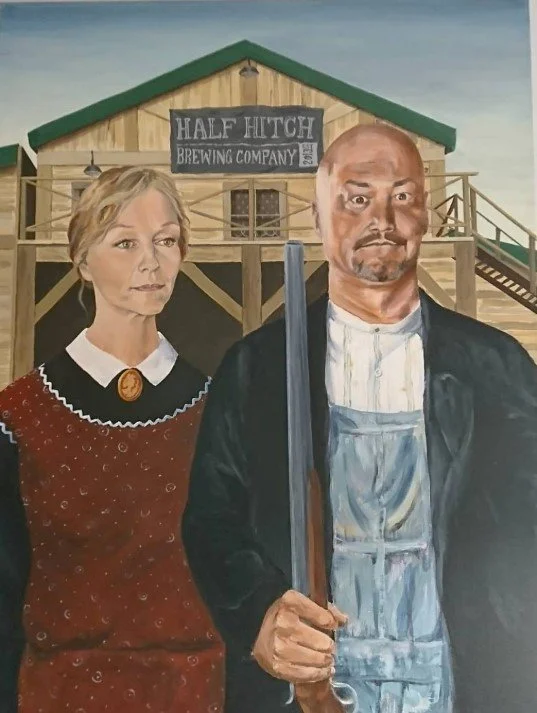 Painted scene of a man and woman dressed in period clothing standing in front of a barn with a sign that reads 'Half Hitch Brewing Company'.