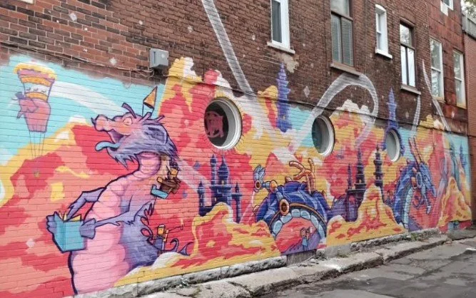 Colorful mural on a brick wall depicting a whimsical dragon playing a trumpet, surrounded by clouds, castles, and fantastical elements.