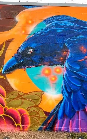 Colorful mural of a blue bird with a black beak and bright eye, set against an orange and teal background with pink flowers in the foreground.