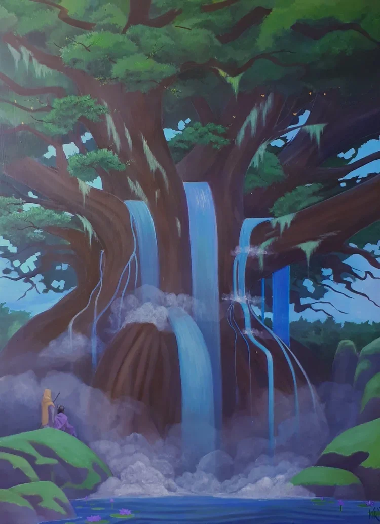 A fantasy-style painting of a large majestic tree with multiple waterfalls flowing from its branches into a tranquil pond surrounded by rocks and greenery. Art, street art, painter, mural, graffiti, spray paint, oil paint, montreal, commission, Futur