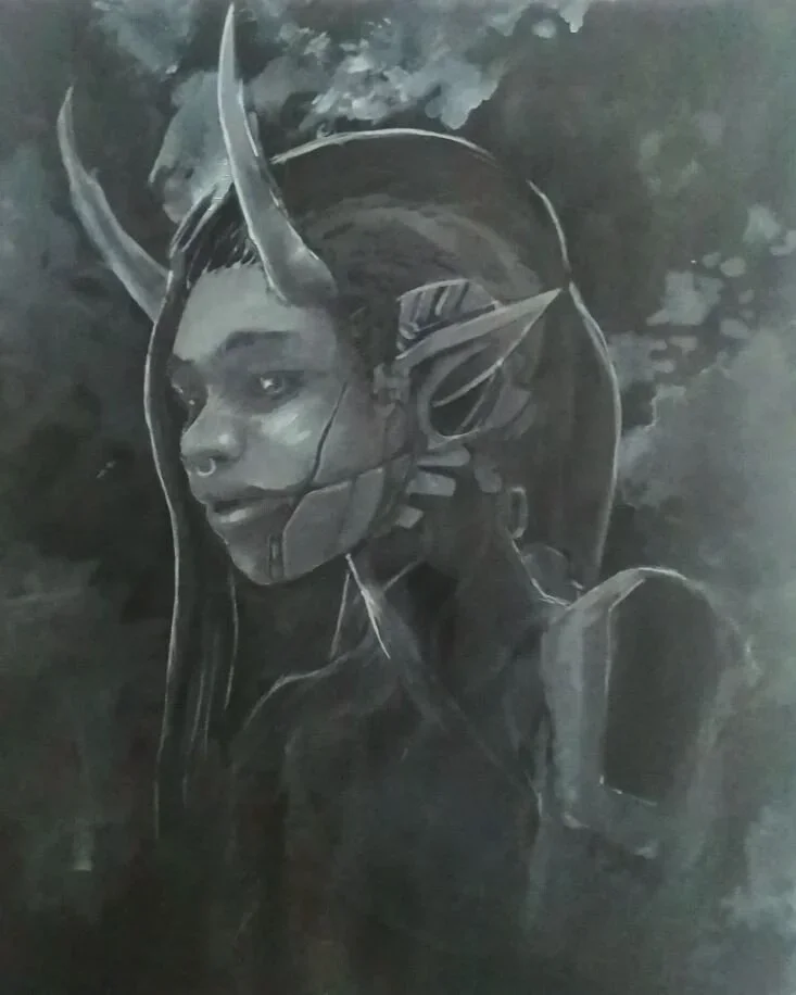 A black and white artistic portrayal of a humanoid figure with an extraterrestrial or futuristic appearance, featuring pointed ears, a helmet with tall horns, and detailed facial features.
