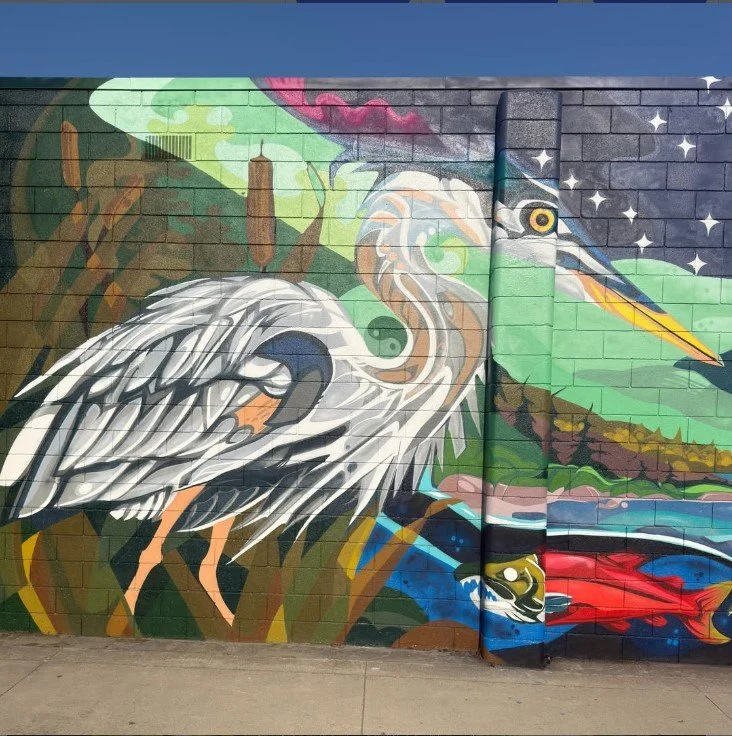 Colorful mural painted on a brick wall featuring a heron beside water, with trees, mountains, and a starry night sky in the background.
