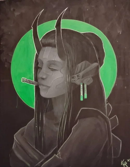 A detailed black and white artistic drawing of a person with long hair, wearing futuristic armor, with cybernetic enhancements on the face and a green halo background, and horns on the head.