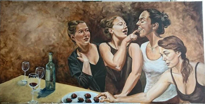 Painting of four women around a table with wine and chocolates, engaging in playful conversation.
