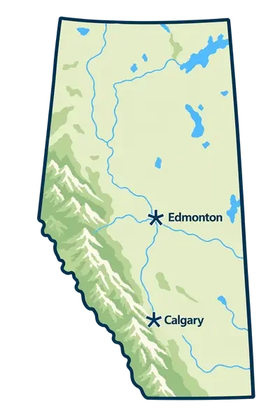 Map of Alberta showing Portage locations in Edmonton and Calgary