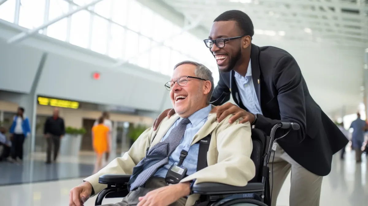 A man in a wheelchair and a Professional Travel Companion smiling standing beside him at an airport.