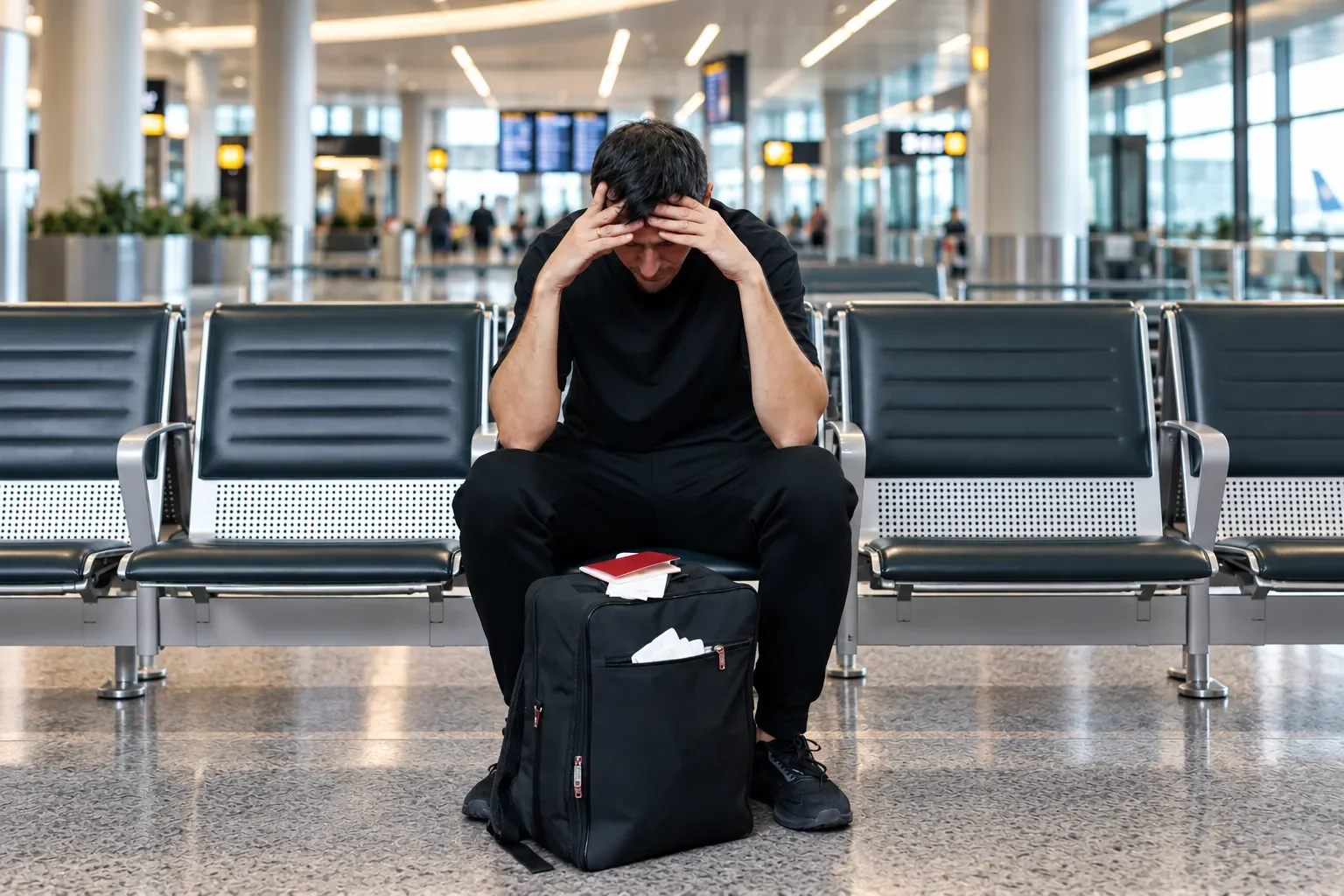 A stressed traveller sitting alone at airport gate