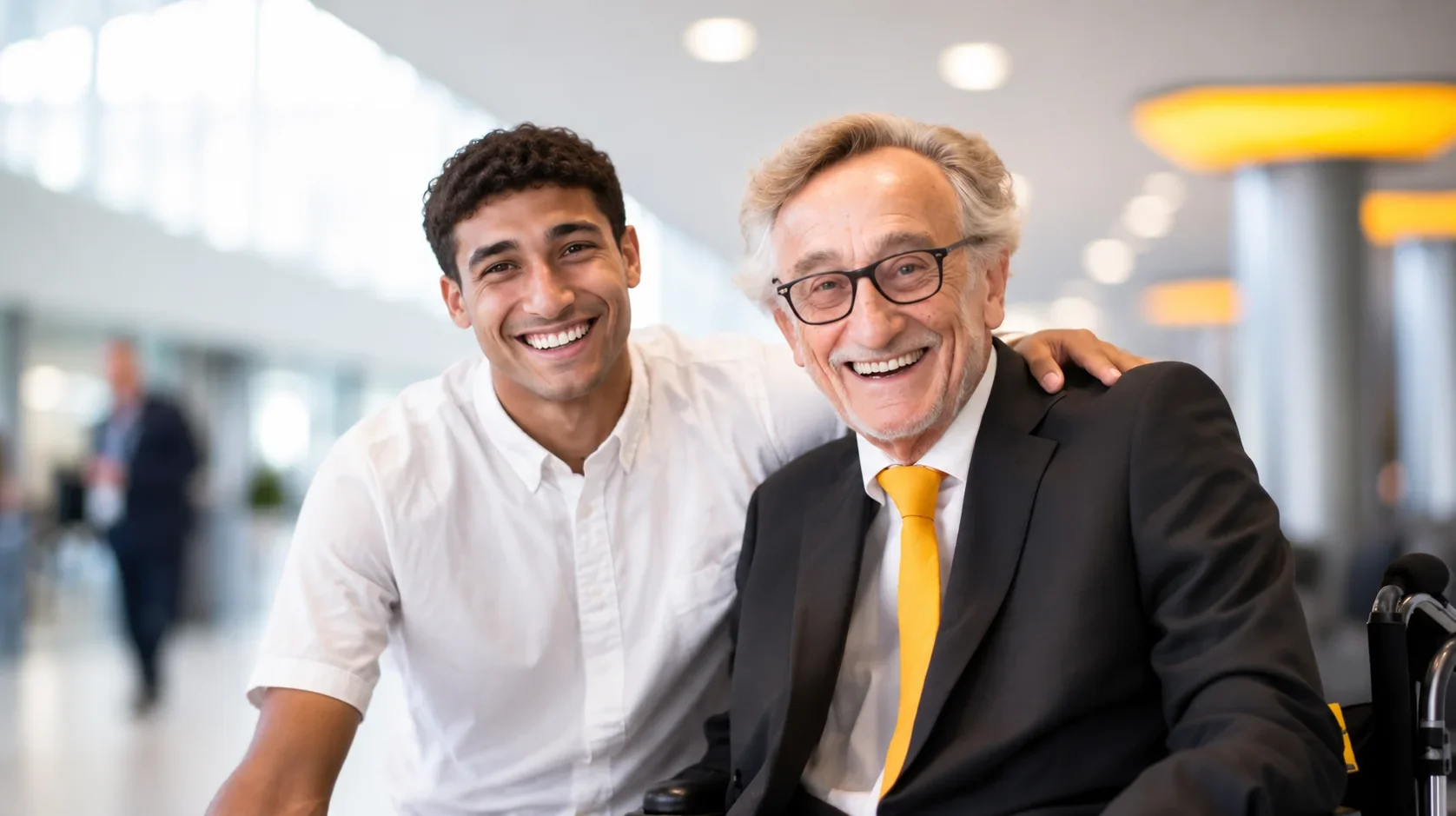 A Travel companion posing beside a traveller at airport