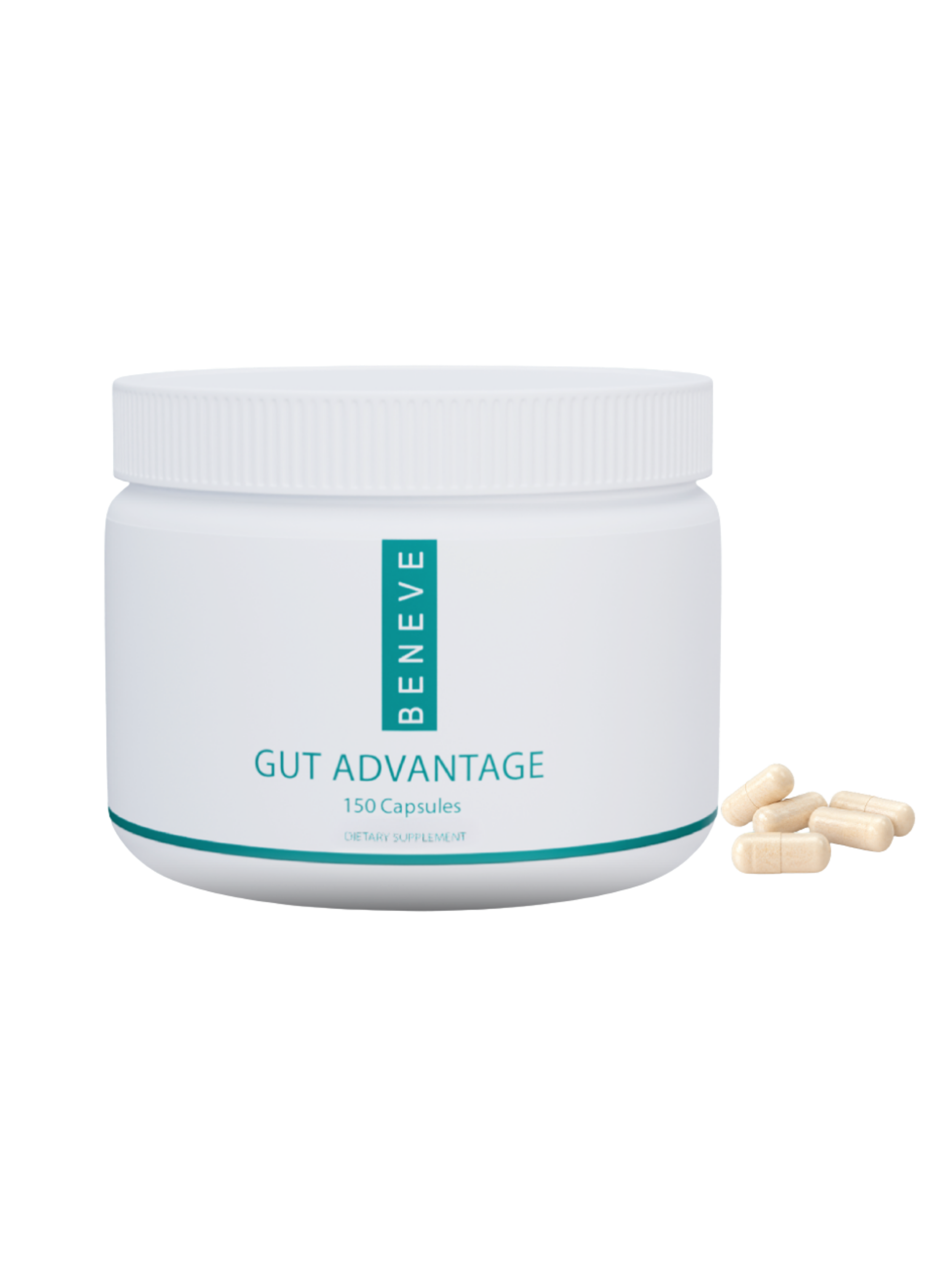 A white bottle of dietary supplement capsules labeled "Gut Advantage" with 150 capsules, with several capsules spilled next to it.