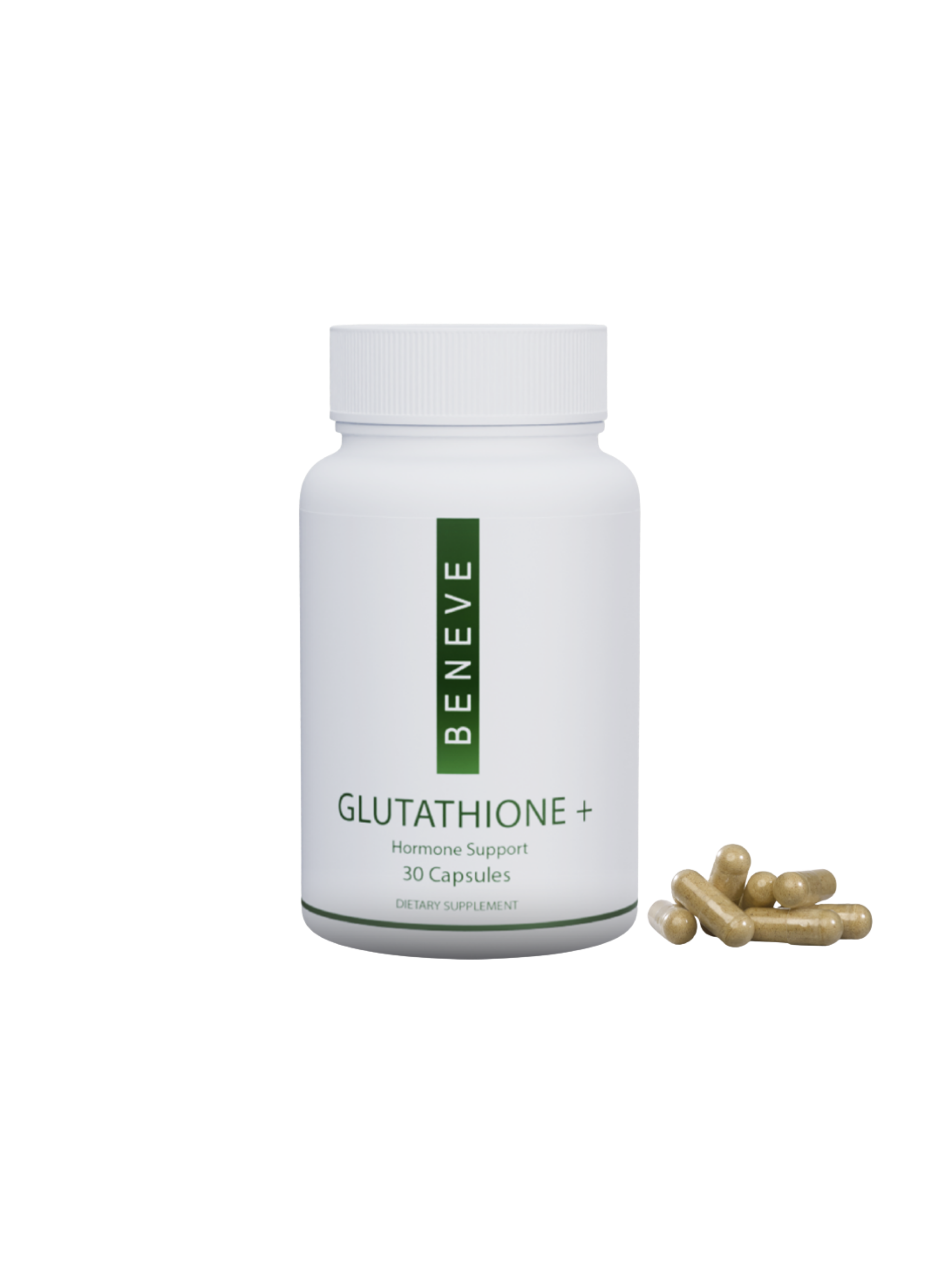 A white bottle labeled 'Beneve Glutathione+ Hormone Support' with 30 capsules sitting next to a small pile of beige capsules.