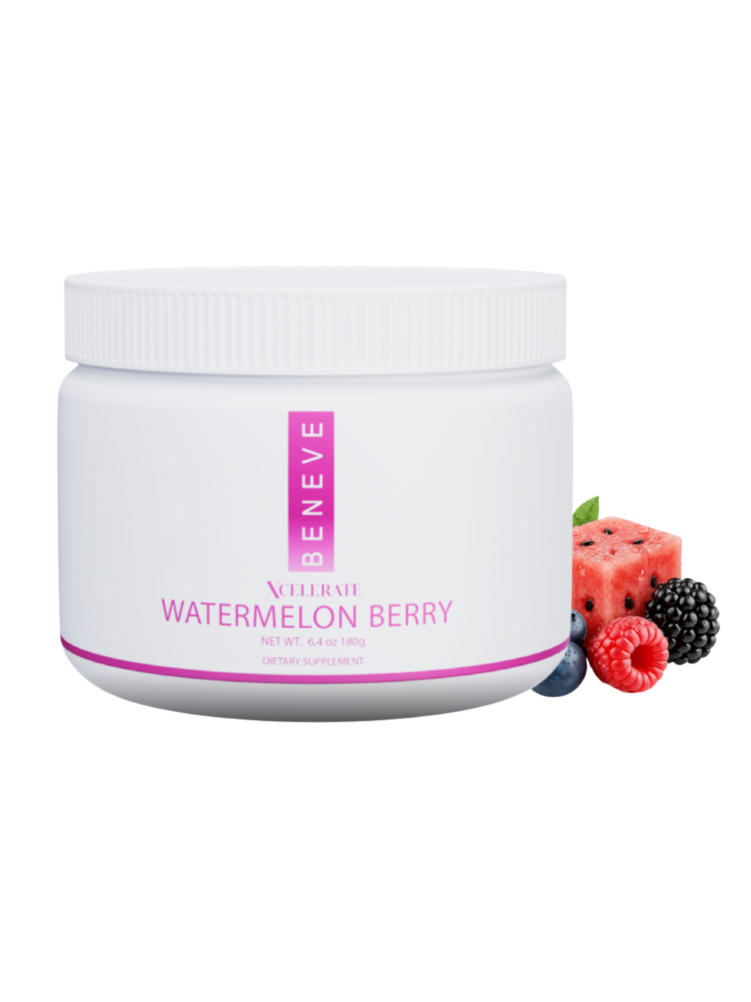 A white dietary supplement bottle labeled 'BENEVE Xcelerate Watermelon Berry' with a pink stripe, surrounded by fresh berries including watermelon, blackberries, blueberries, and raspberries.