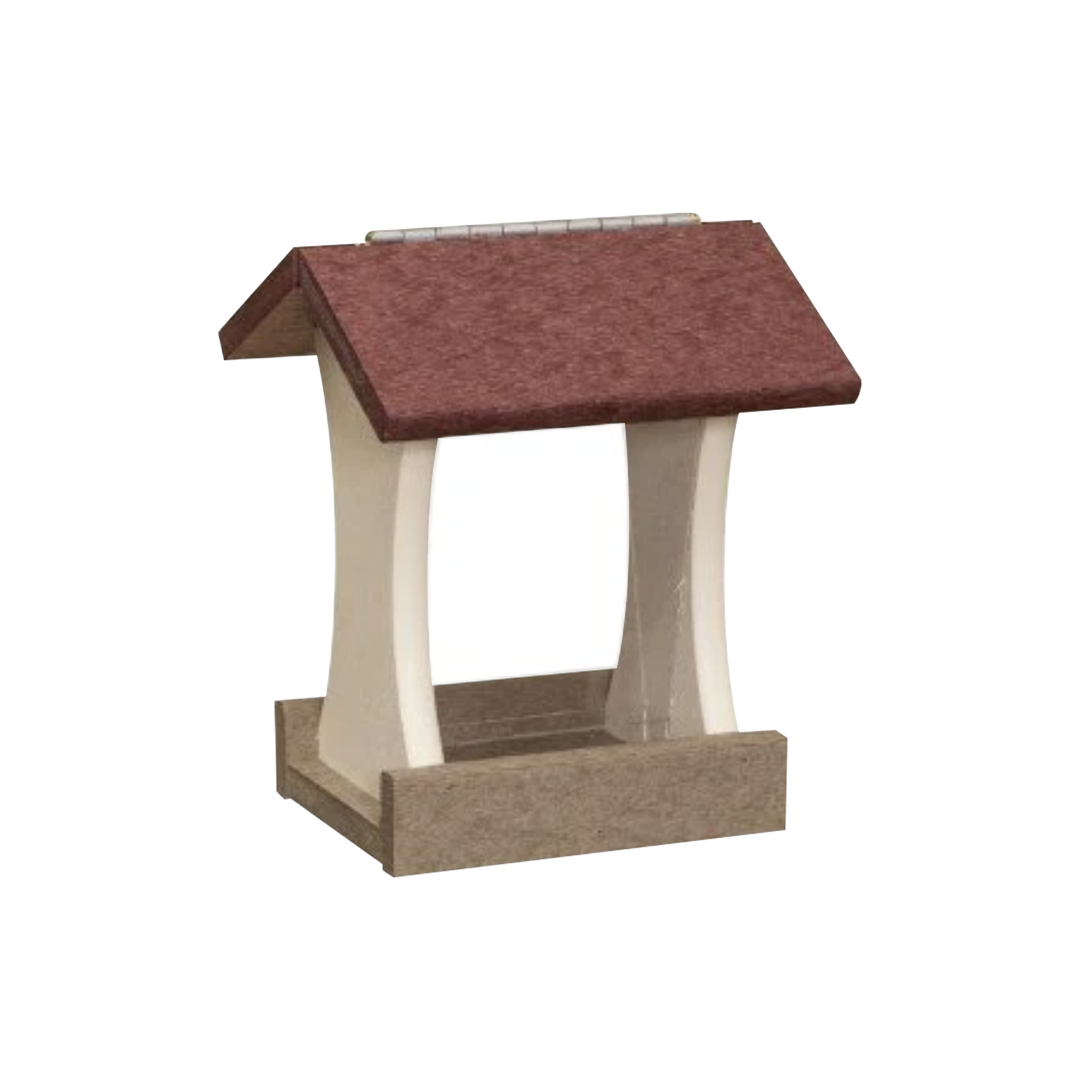 Small model of a house with a red roof, two cream-colored walls, and a brown base.
