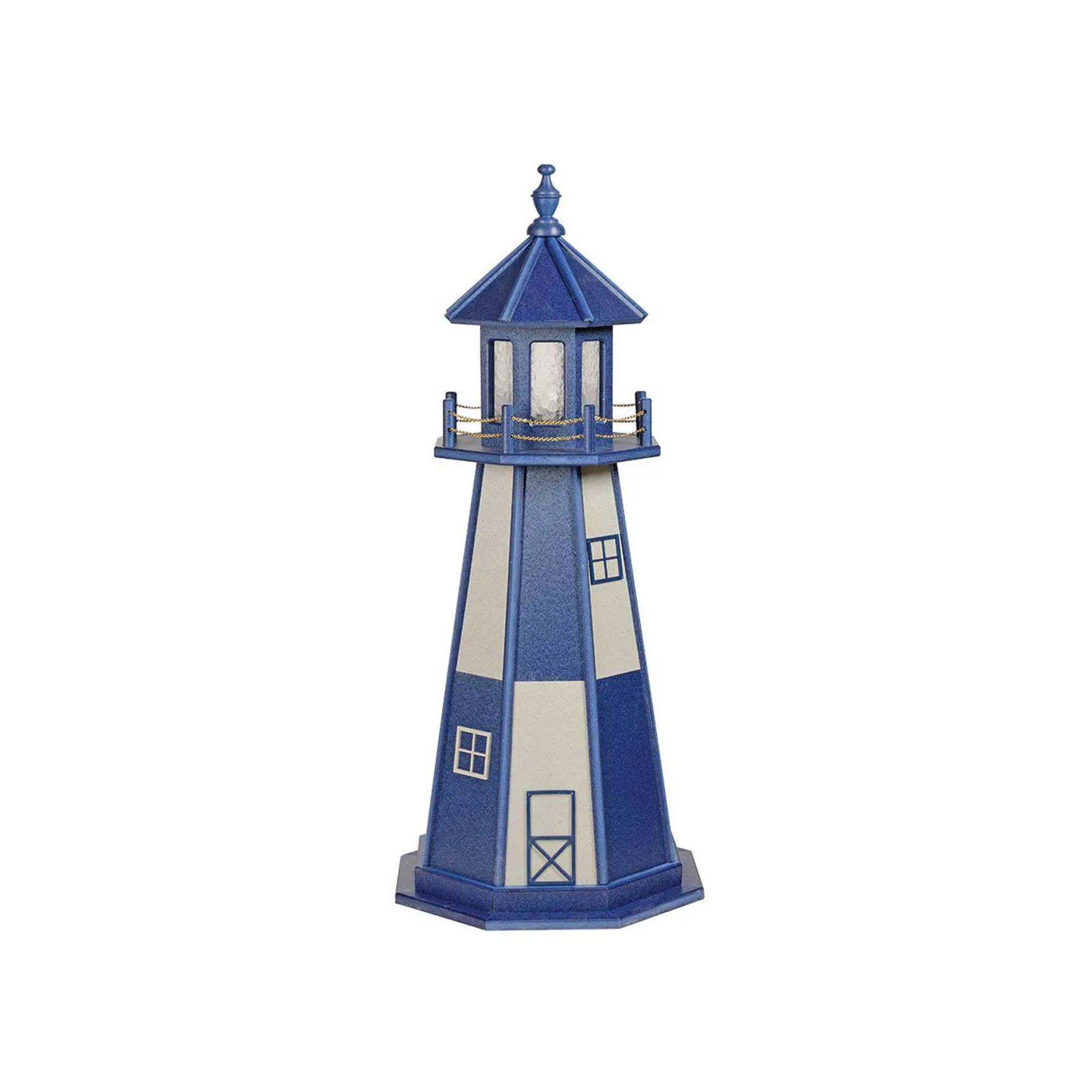 A small decorative lighthouse painted blue and white with windows and a balcony, isolated on a white background.