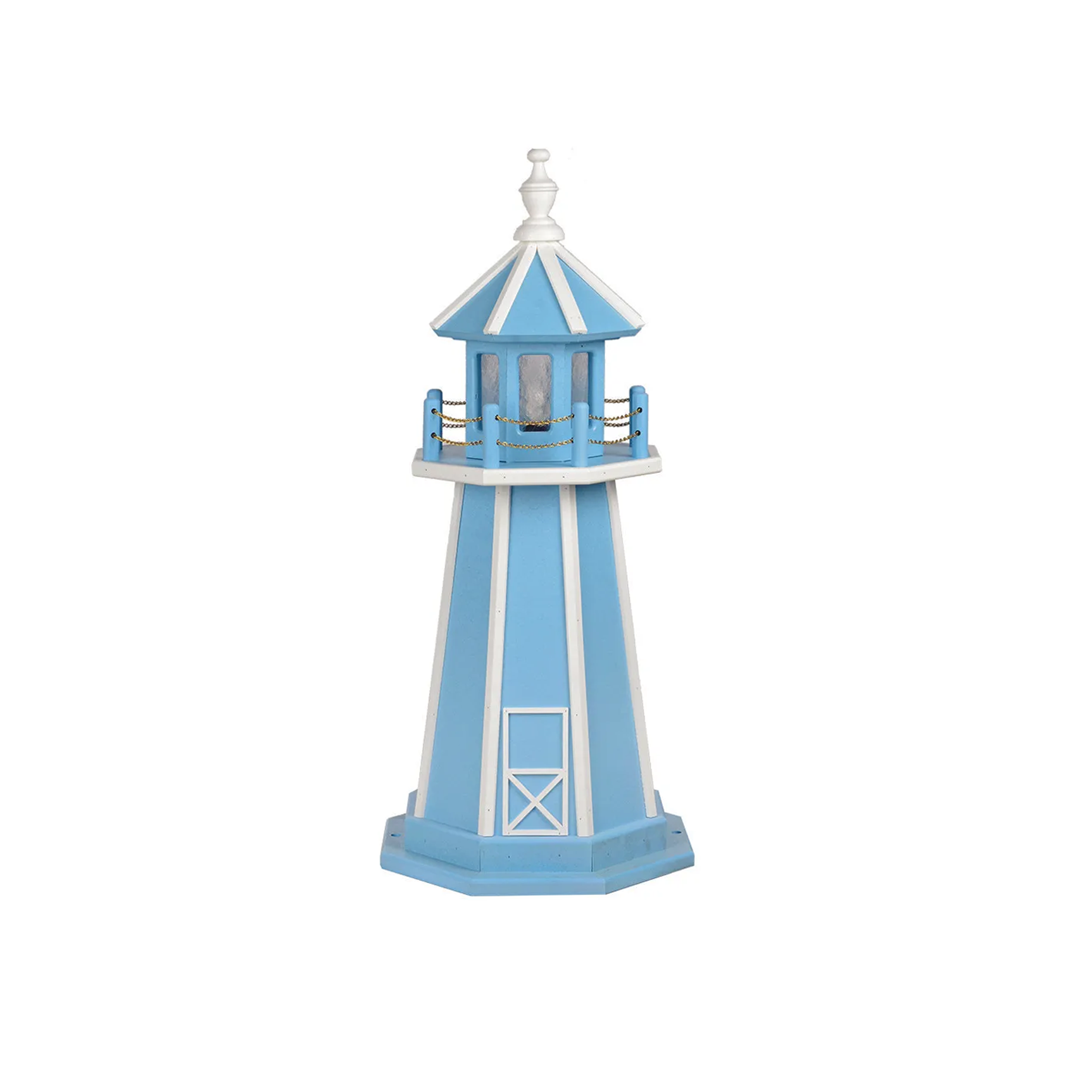 A decorative blue and white lighthouse model with a chain railing around the top section, set against a plain background.