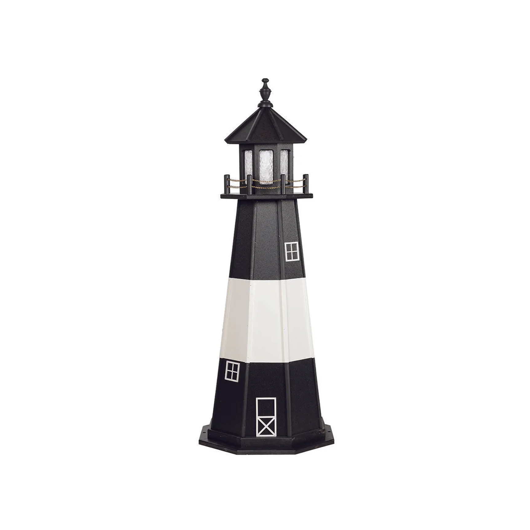 A black and white miniature lighthouse model with windows, a balcony with chain railing, and a tapered structure