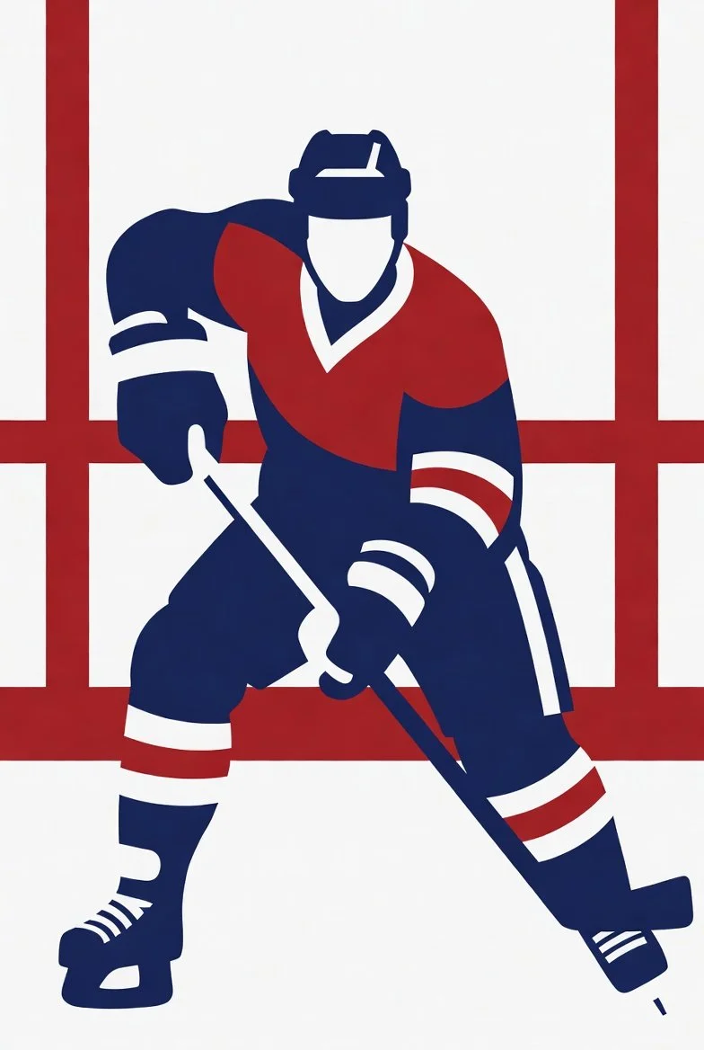 Stylized illustration of a hockey player in uniform, holding a hockey stick, skating on ice.