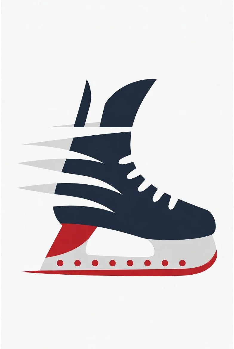 A stylized illustration of an ice skate with wings.