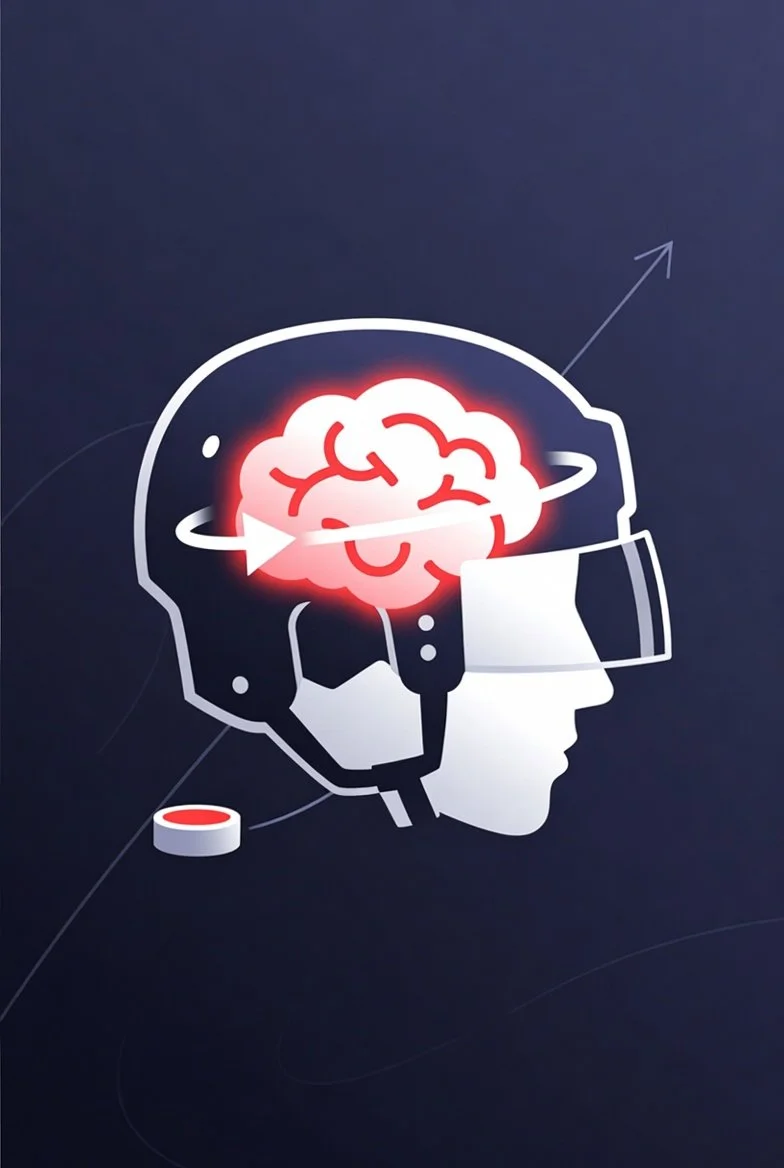 Illustration of a person's head wearing a helmet with a glowing brain and a line symbolizing pursuit or focus, set against a dark background.
