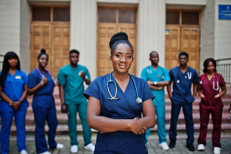 A group of healthcare professionals standing on the steps outside a building. The woman in the front is wearing dark blue scrubs and has a stethoscope around her neck, smiling confidently. The others behind her are also in scrubs of various colors, with some having stethoscopes, standing in a relaxed pose.
