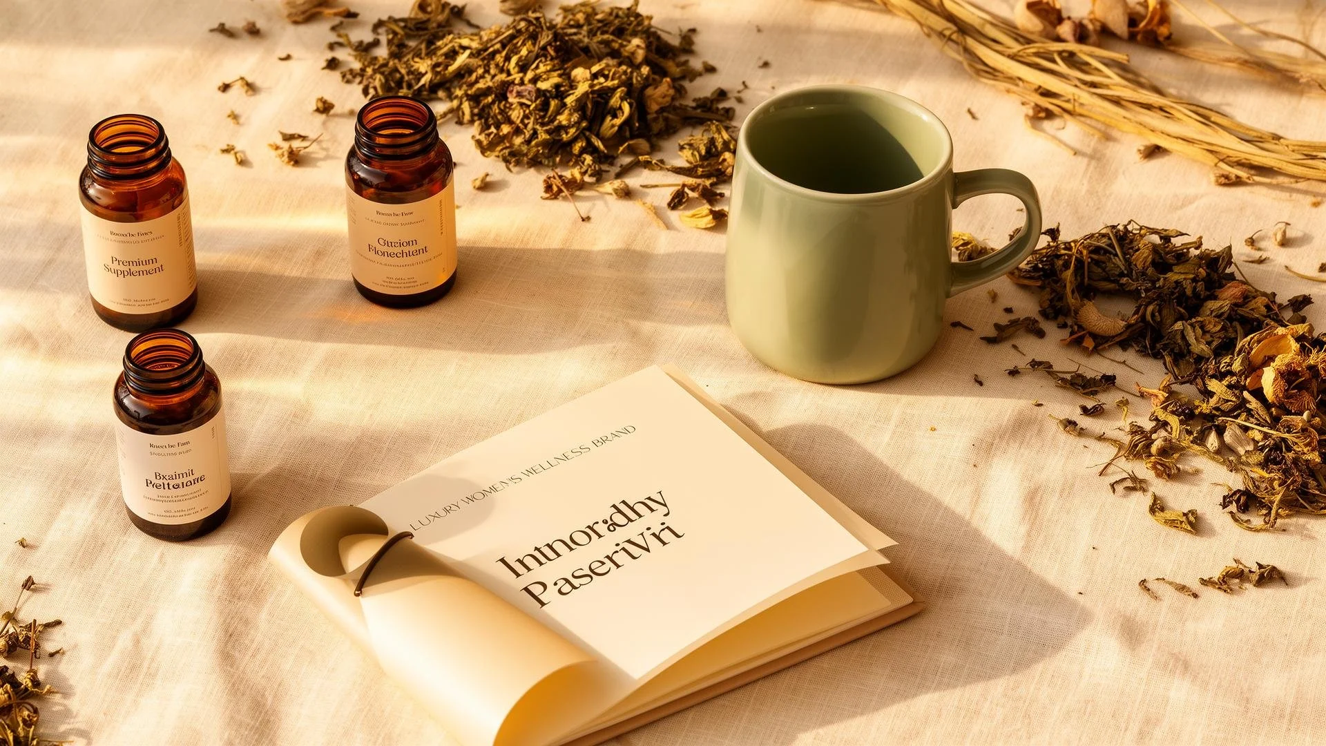 A beige tablecloth with dried herbs, three small amber bottles labeled for supplements, a green mug filled with tea, and an open booklet titled "Introduction Pasévi" in black font.