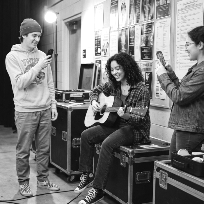 Three young people, two women and one man, interact in a rehearsal space. The woman in the middle is sitting and playing an acoustic guitar, smiling. The man on the left is standing, looking at his phone, wearing a hoodie and a beanie. The woman on the right is standing, taking a photo with her phone, wearing glasses and a denim jacket. The room has posters on the wall and equipment cases around.