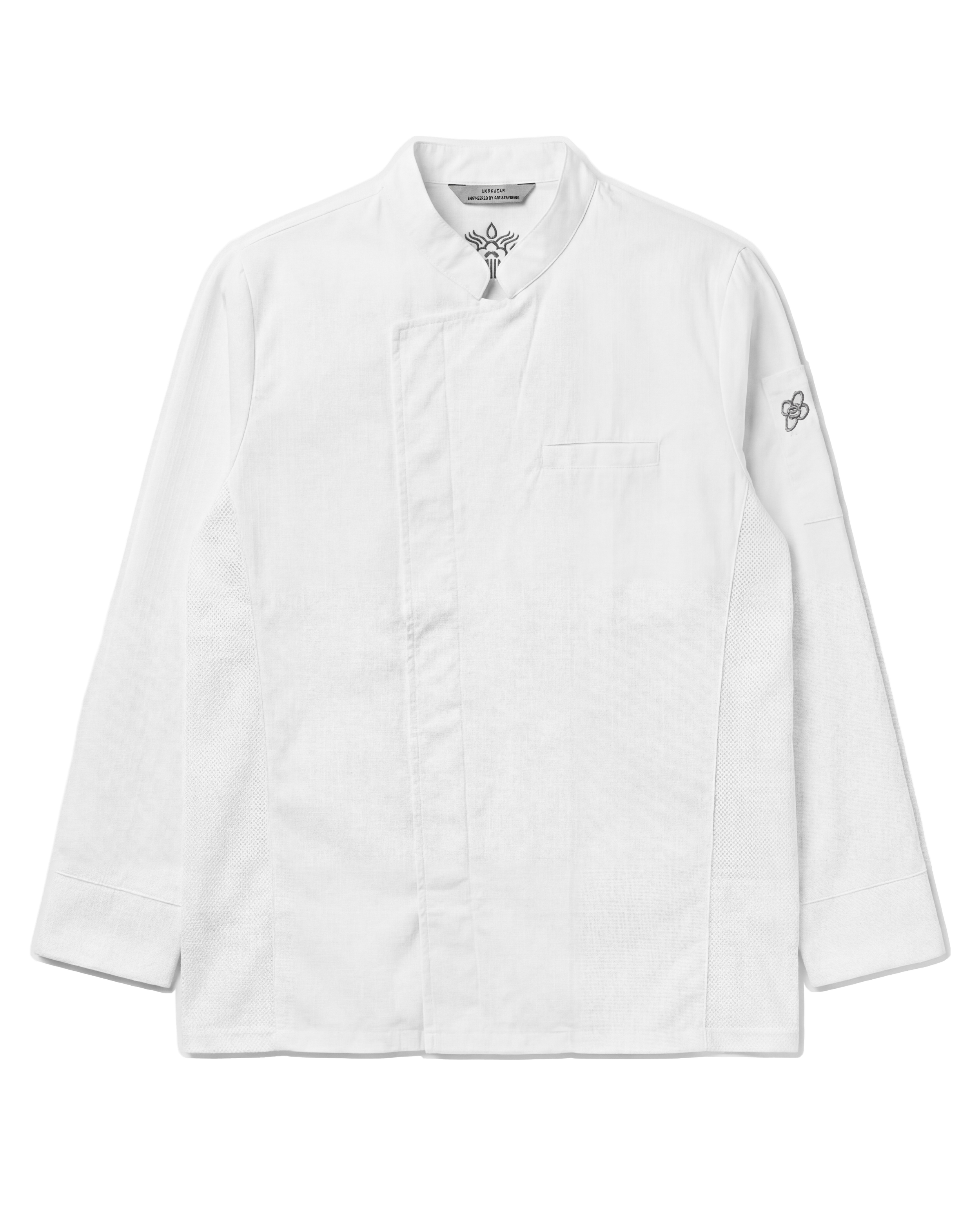 Close-up of a white chef's jacket with a mandarin collar, visible stitching, a chest pocket, and a small embroidered logo on the sleeve.
