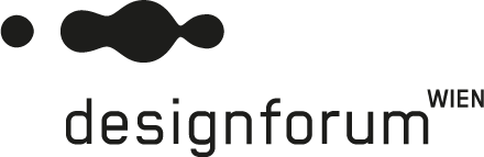 Logo for designforum WIEN with black circles and lowercase text.