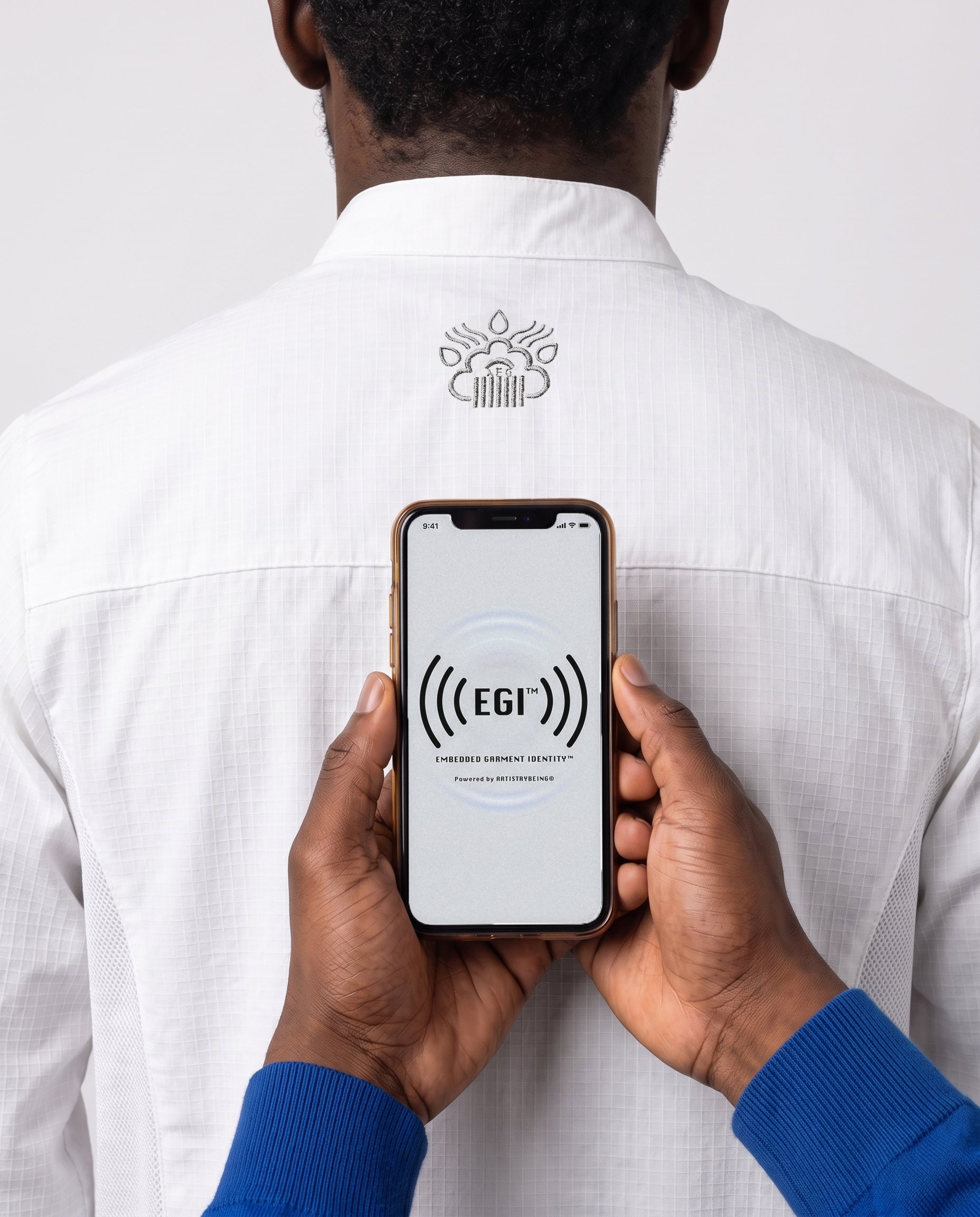 A person in a ChefShield™ chef jacket  with the embroidered EGI™  symbol on the back, seen from behind, with another person holding a smartphone showing the Embedded Garment Identity logo on the screen.