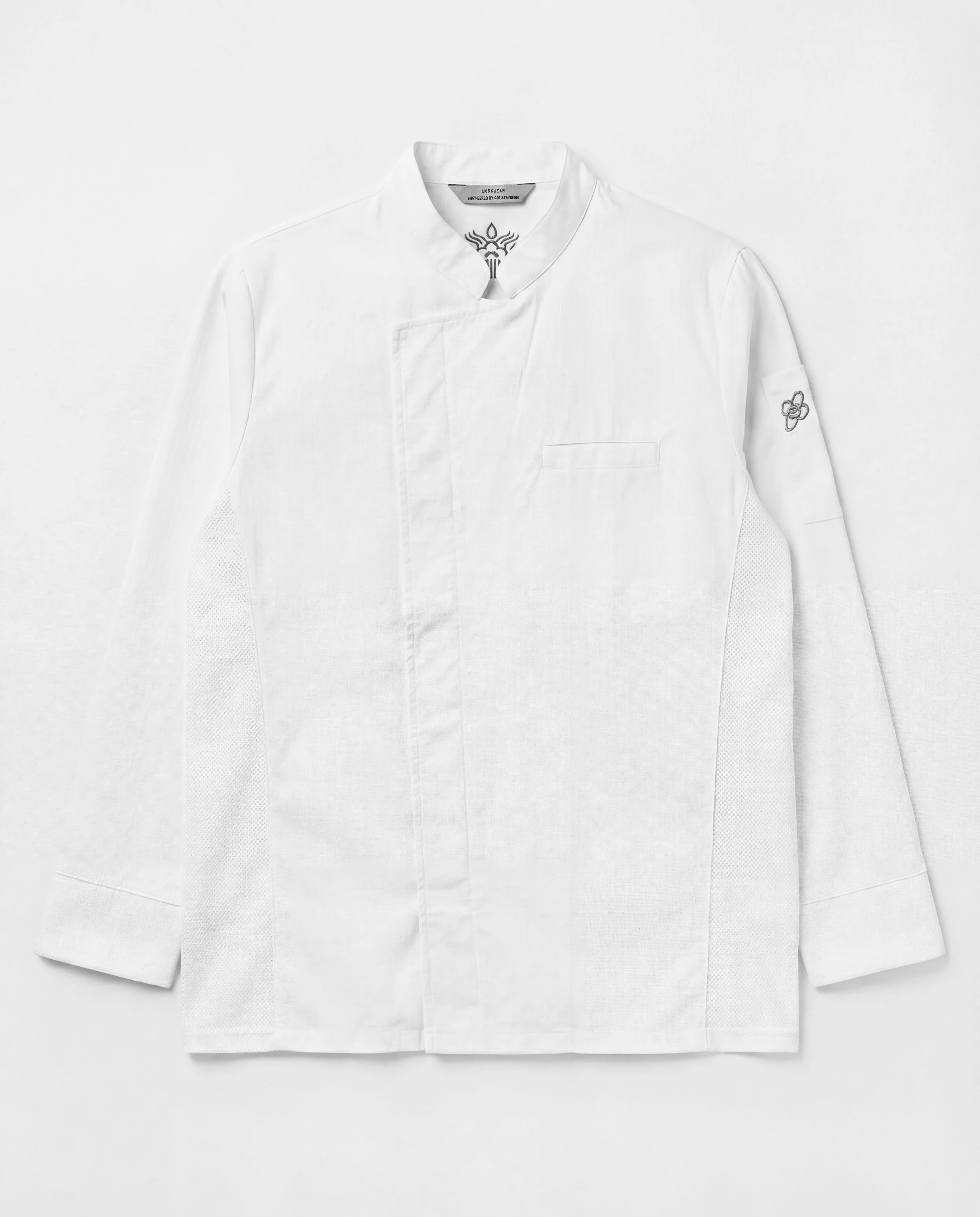 ChefShield™ Pro Chef Jacket in white, featuring a structured design, ergonomic fit, front closure, chest pocket and integrated ventilation mesh.