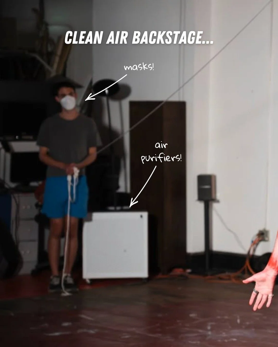 We loved seeing clean air layers in action at HALF NAKED, a night of performance art for which we provided air purifiers. In this case, the many purifiers and masks required allowed for the performer @arson_crafts_ to remove their mask in a safer env