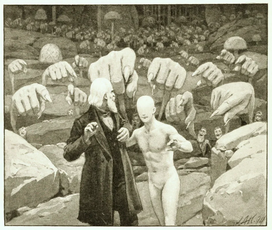 A surreal painting depicting a man in a long coat and a wig holding a leash attached to a faceless, nude figure. In the background, there are many large hands pointing downward, with several small people and a rocky landscape.