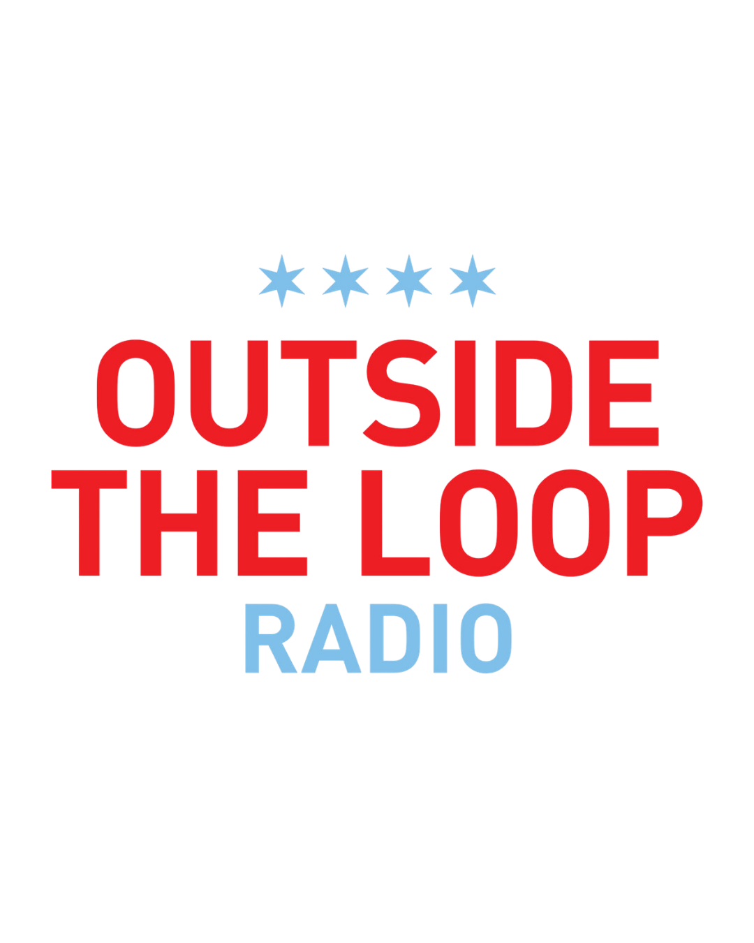 Radio station logo with the text 'Outside the Loop Radio' in red and blue, with five blue stars above the text.