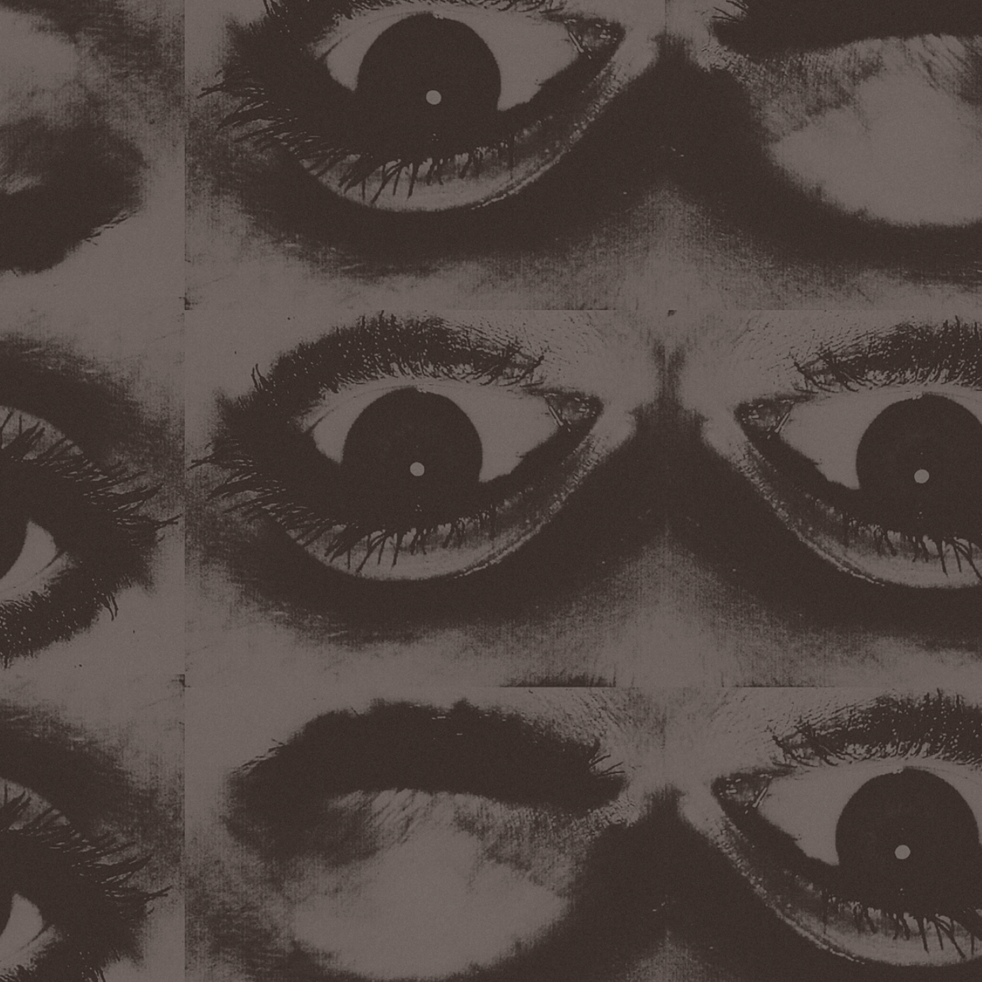Black and white repeated pattern of eyes and lips in a graphic style.