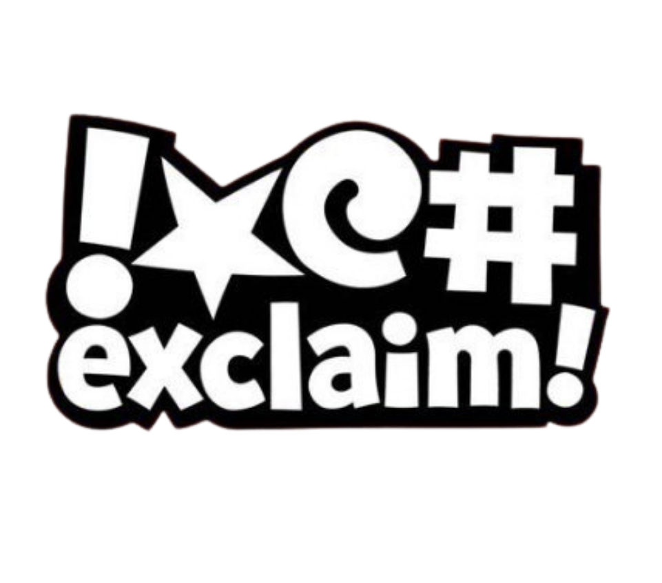 Bold white text on a black background reading '! C# exclaim!'. The text is stylized with an exclamation mark, star, and curly design elements.