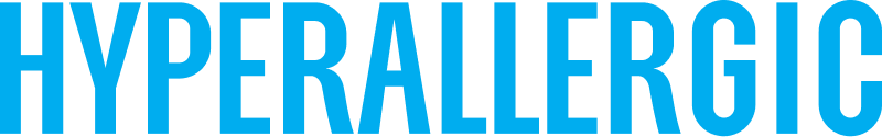 Text that reads 'HYPERALERGIC' in large blue letters on a black background.