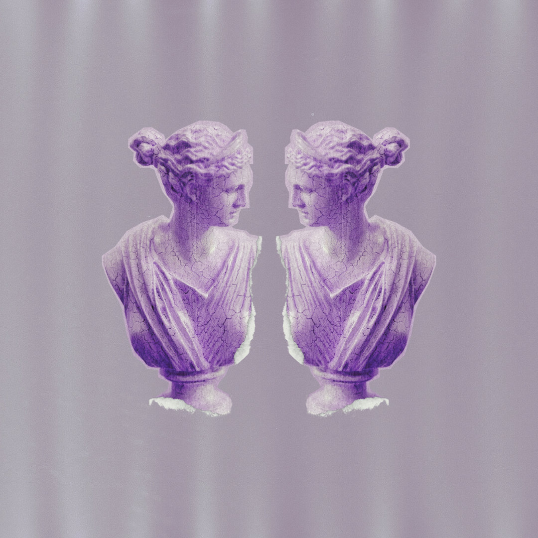Purple-tinted digitally mirrored bust of a classical female sculpture with cracked surface on gray background.