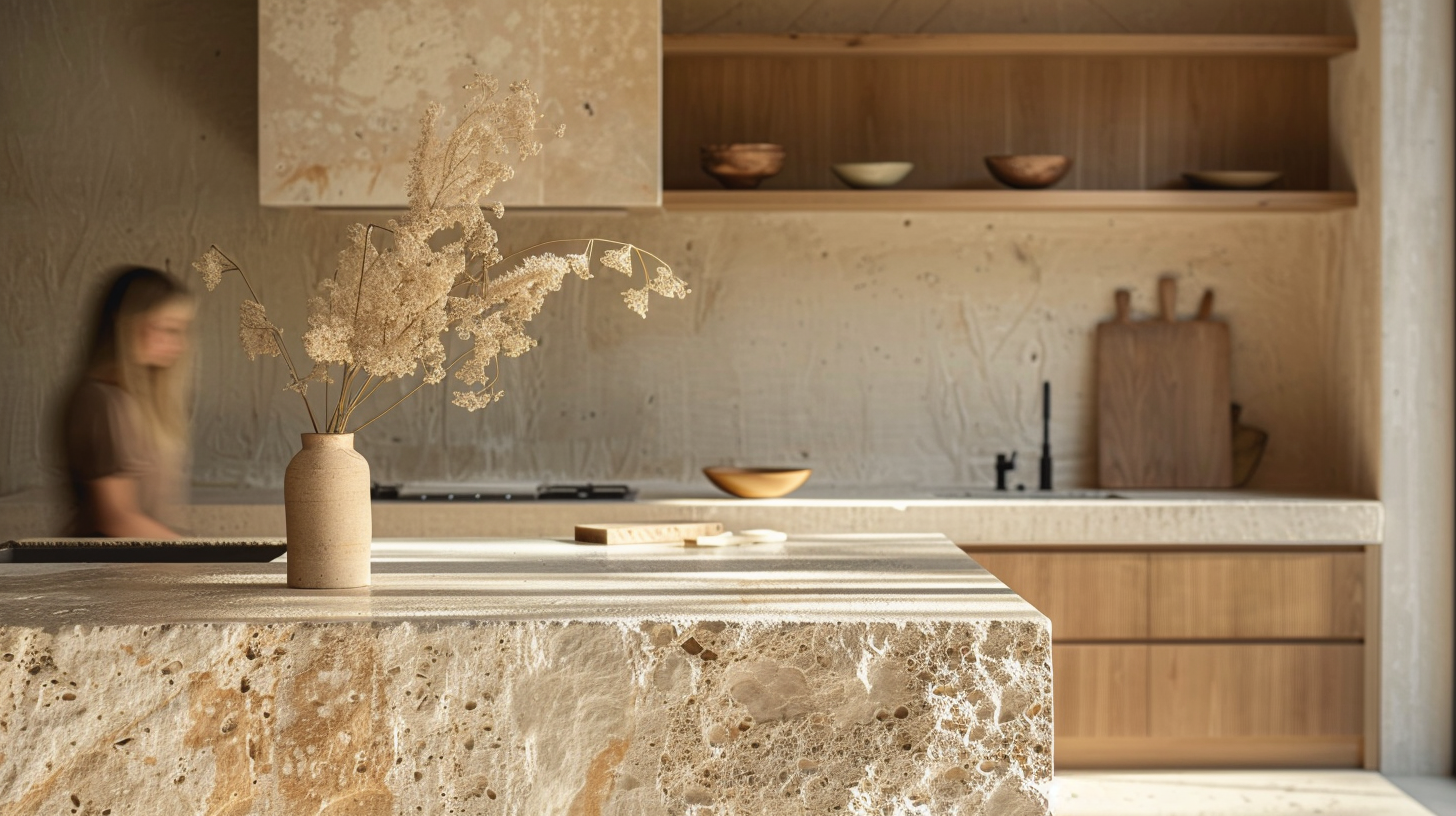 A modern kitchen with a textured stone island, a beige vase with dried flowers, and wooden shelves with bowls and cutting boards.