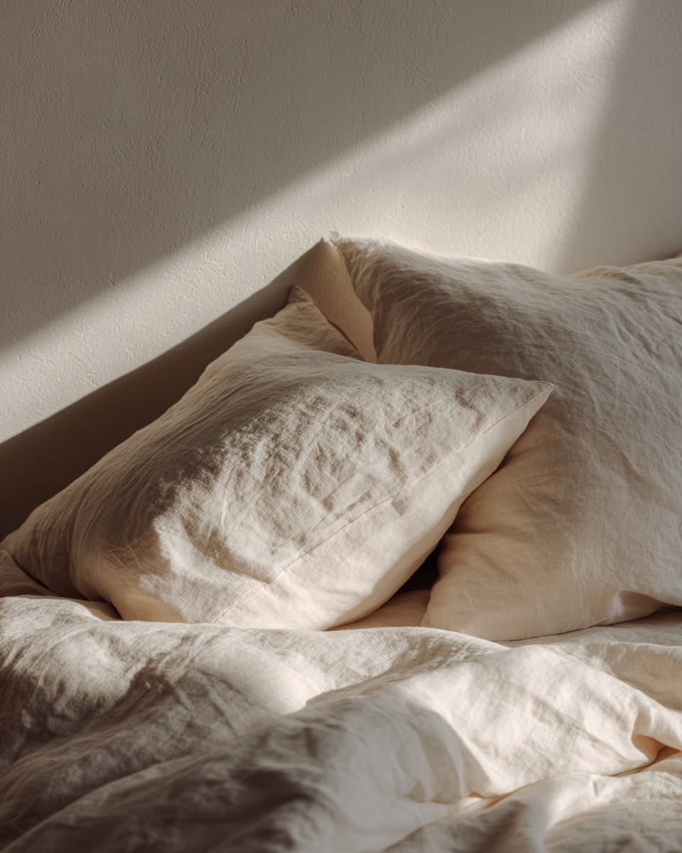 Sunlit bed with beige pillows and cream-colored sheets.