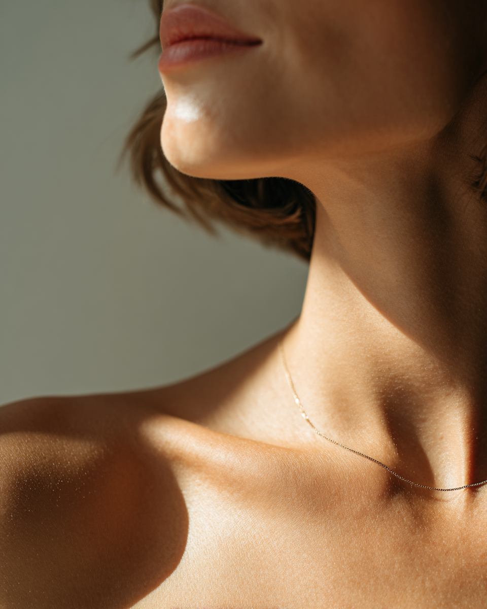 Close-up of a woman's neck and shoulder with sunlight, showing smooth skin and a delicate necklace.
