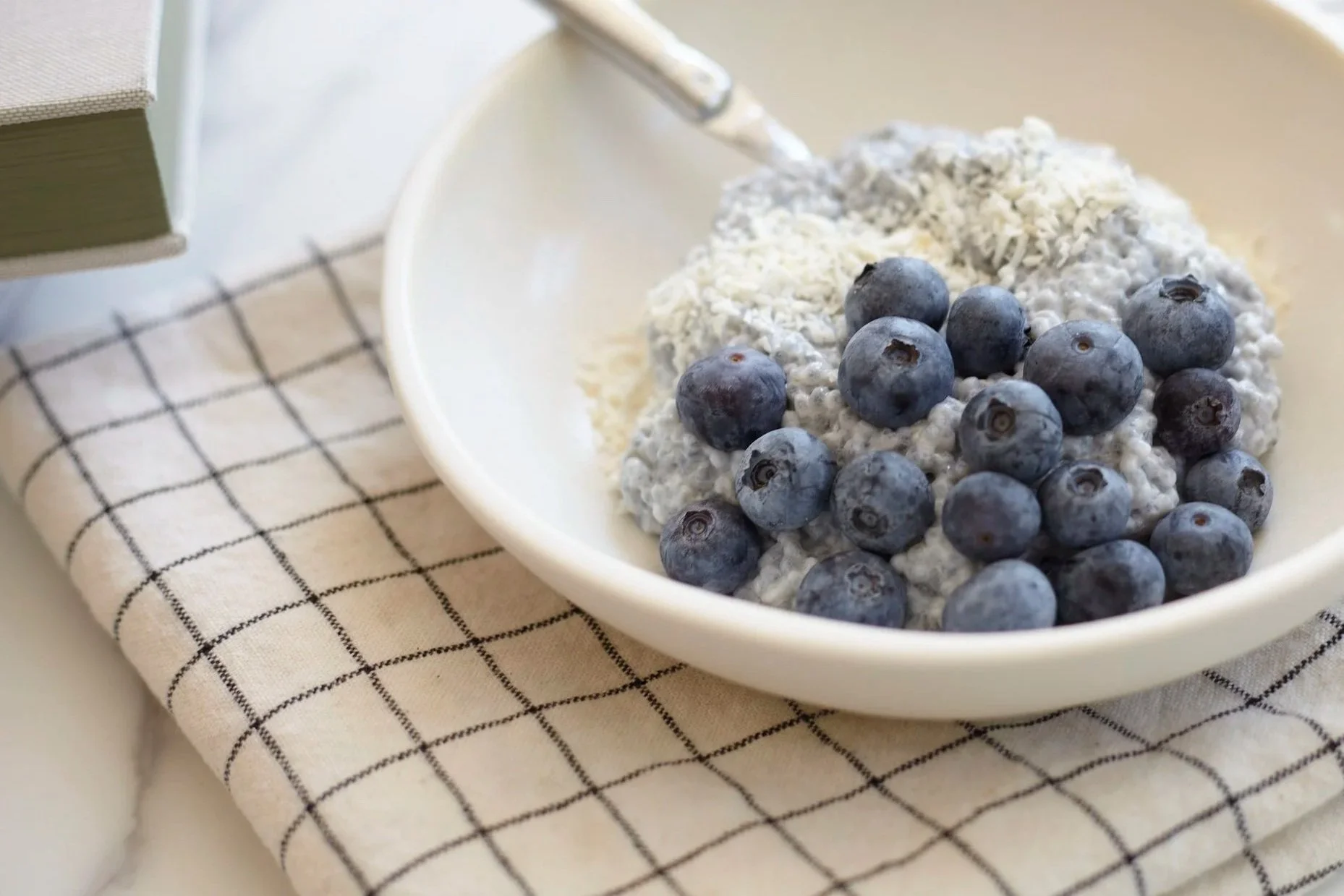 A white bowl filled with cottage cheese topped with fresh blueberries, resting on a checkered cloth.