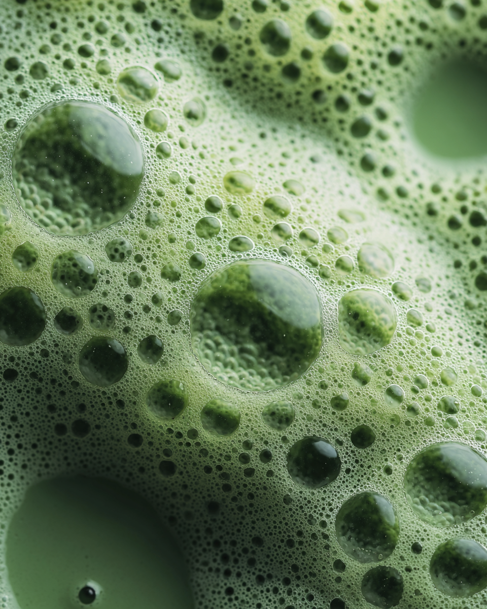 Green liquid with bubbles and foam.